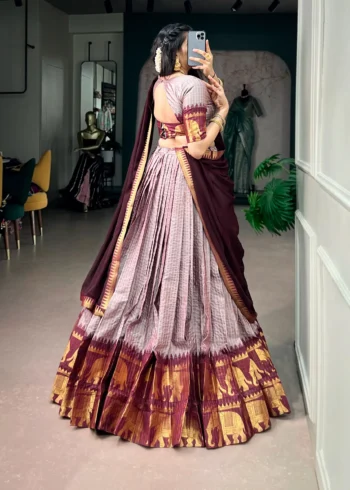 Pinkish Grey Poly Cotton Chex Half Saree Lehenga back side look