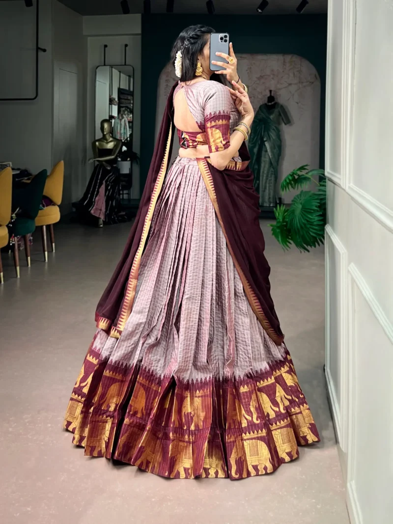 Pinkish Grey Poly Cotton Chex Half Saree Lehenga back side look