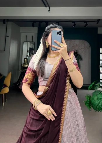 Pinkish Grey Poly Cotton Chex Half Saree Lehenga close look