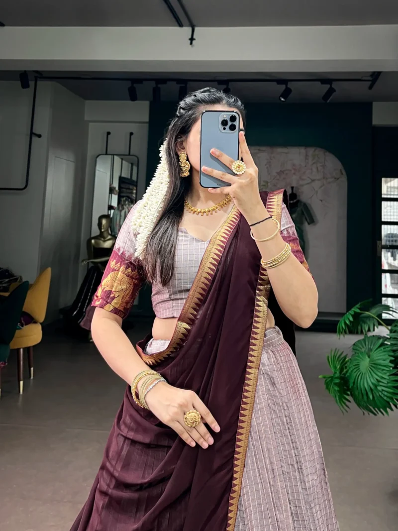 Pinkish Grey Poly Cotton Chex Half Saree Lehenga close look