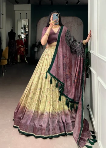 Brown colour Printed Vichitra Silk South Indian Lehenga front