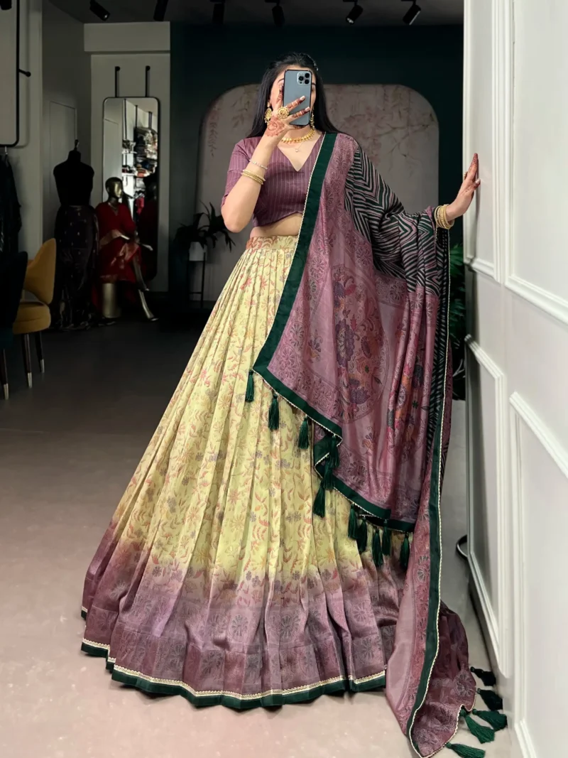 Brown colour Printed Vichitra Silk South Indian Lehenga front