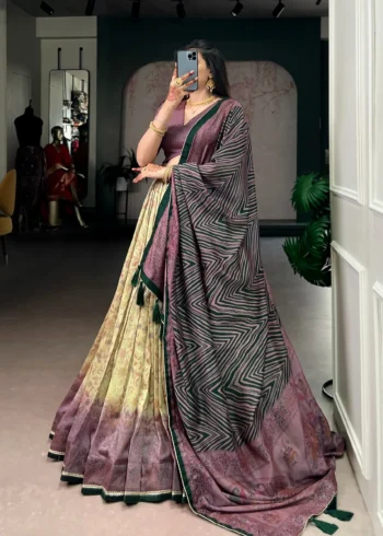 Brown colour Printed Vichitra Silk South Indian Lehenga dupatta view