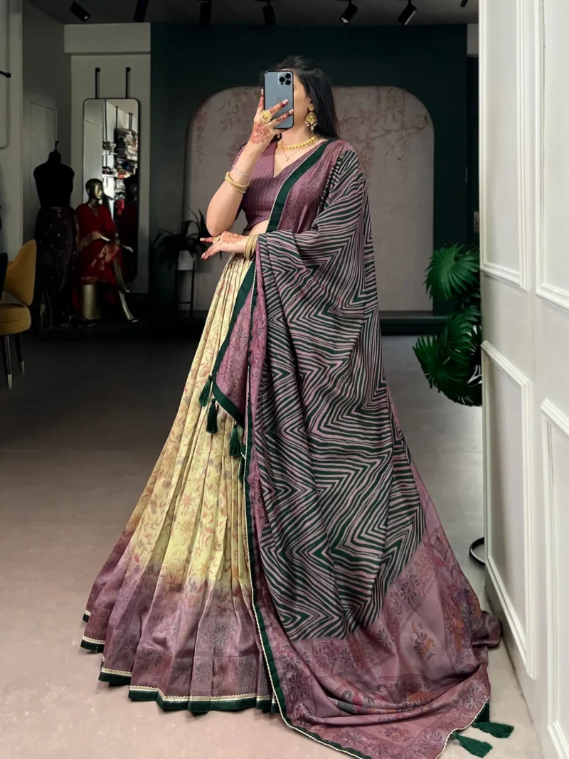 Brown colour Printed Vichitra Silk South Indian Lehenga dupatta view