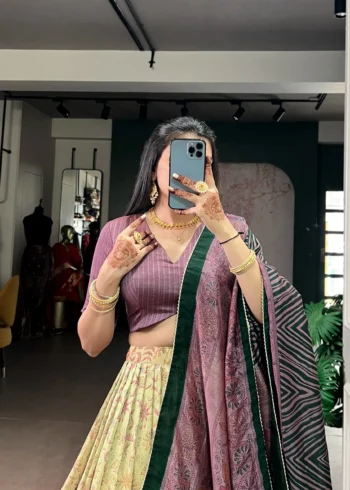 Brown colour Printed Vichitra Silk South Indian Lehenga close look