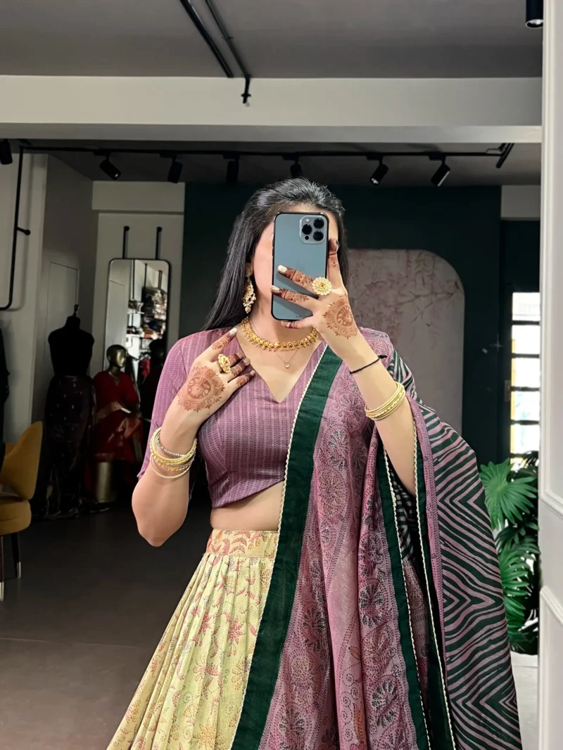 Brown colour Printed Vichitra Silk South Indian Lehenga close look