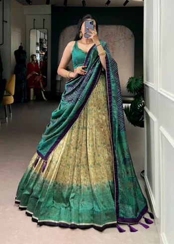 Firozi colour Printed Vichitra Silk South Indian Lehenga front
