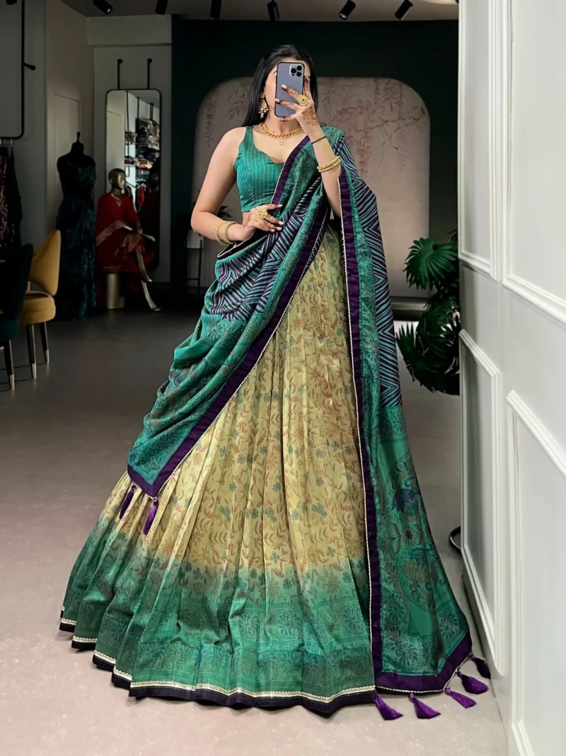 Firozi colour Printed Vichitra Silk South Indian Lehenga front