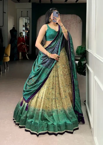 Firozi colour Printed Vichitra Silk South Indian Lehenga side