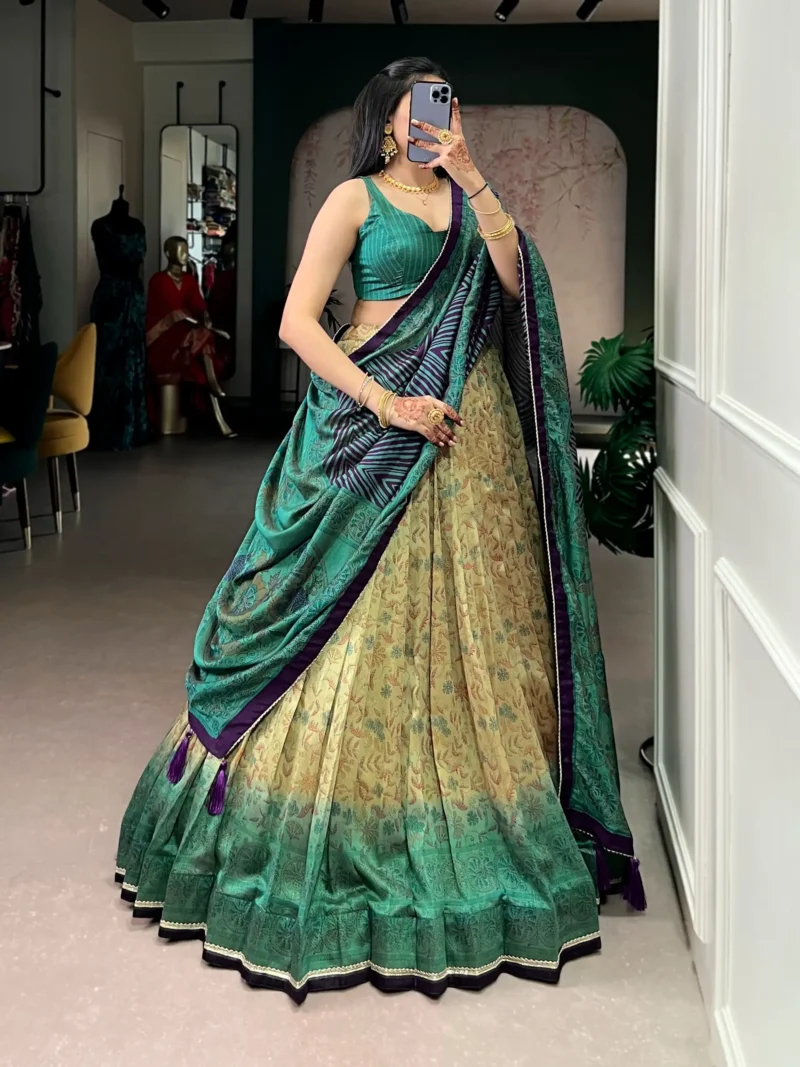 Firozi colour Printed Vichitra Silk South Indian Lehenga side