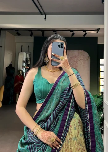 Firozi colour Printed Vichitra Silk South Indian Lehenga close
