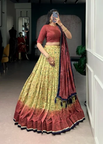 maroon colour Printed Vichitra Silk South Indian Lehenga front