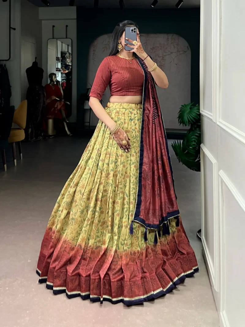 maroon colour Printed Vichitra Silk South Indian Lehenga front