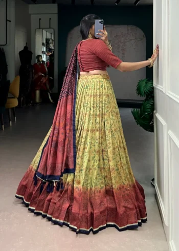 maroon colour Printed Vichitra Silk South Indian Lehenga back design
