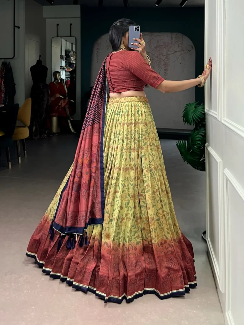 maroon colour Printed Vichitra Silk South Indian Lehenga back design