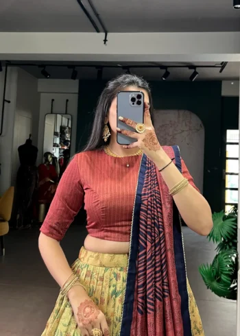 maroon colour Printed Vichitra Silk South Indian Lehenga close