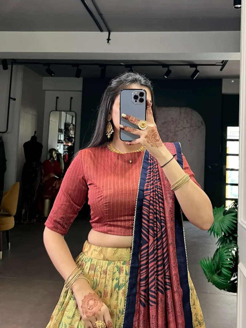 maroon colour Printed Vichitra Silk South Indian Lehenga close