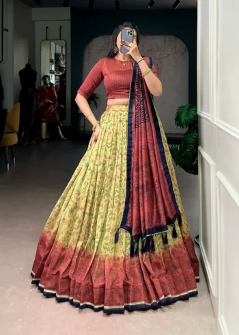 maroon colour Printed Vichitra Silk South Indian Lehenga selfie