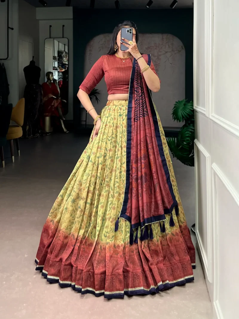 maroon colour Printed Vichitra Silk South Indian Lehenga selfie