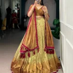 mustard colour Printed Vichitra Silk South Indian Lehenga front