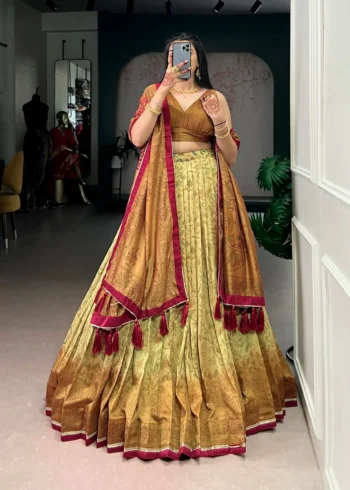 mustard colour Printed Vichitra Silk South Indian Lehenga front