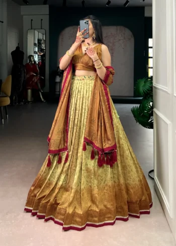 mustard colour Printed Vichitra Silk South Indian Lehenga selfie