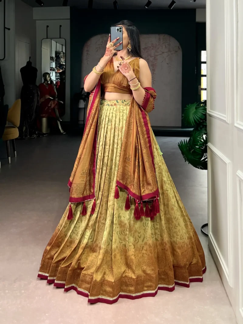 mustard colour Printed Vichitra Silk South Indian Lehenga selfie