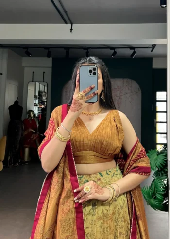 mustard colour Printed Vichitra Silk South Indian Lehenga close