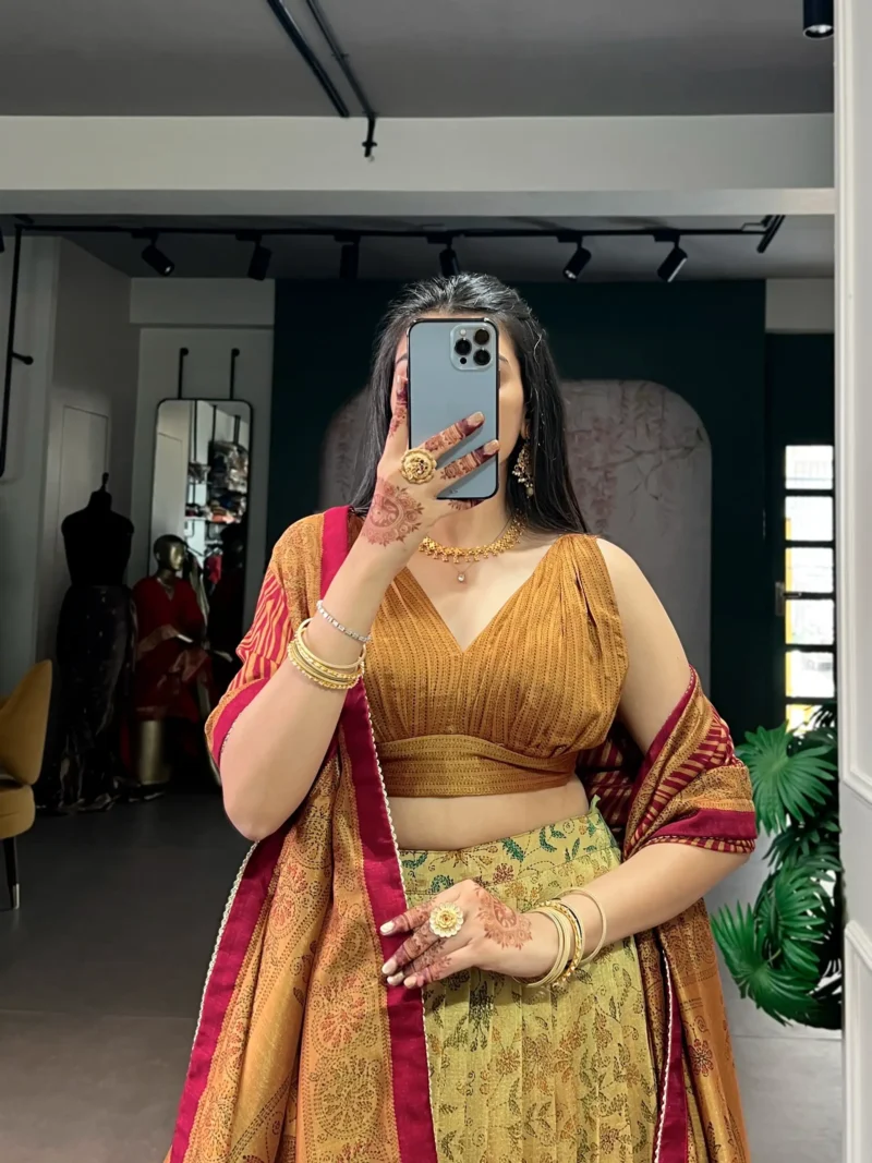 mustard colour Printed Vichitra Silk South Indian Lehenga close