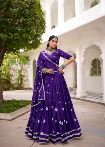 Puple Colour Pure Chanderi Bandhej Navratri Lehenga full front