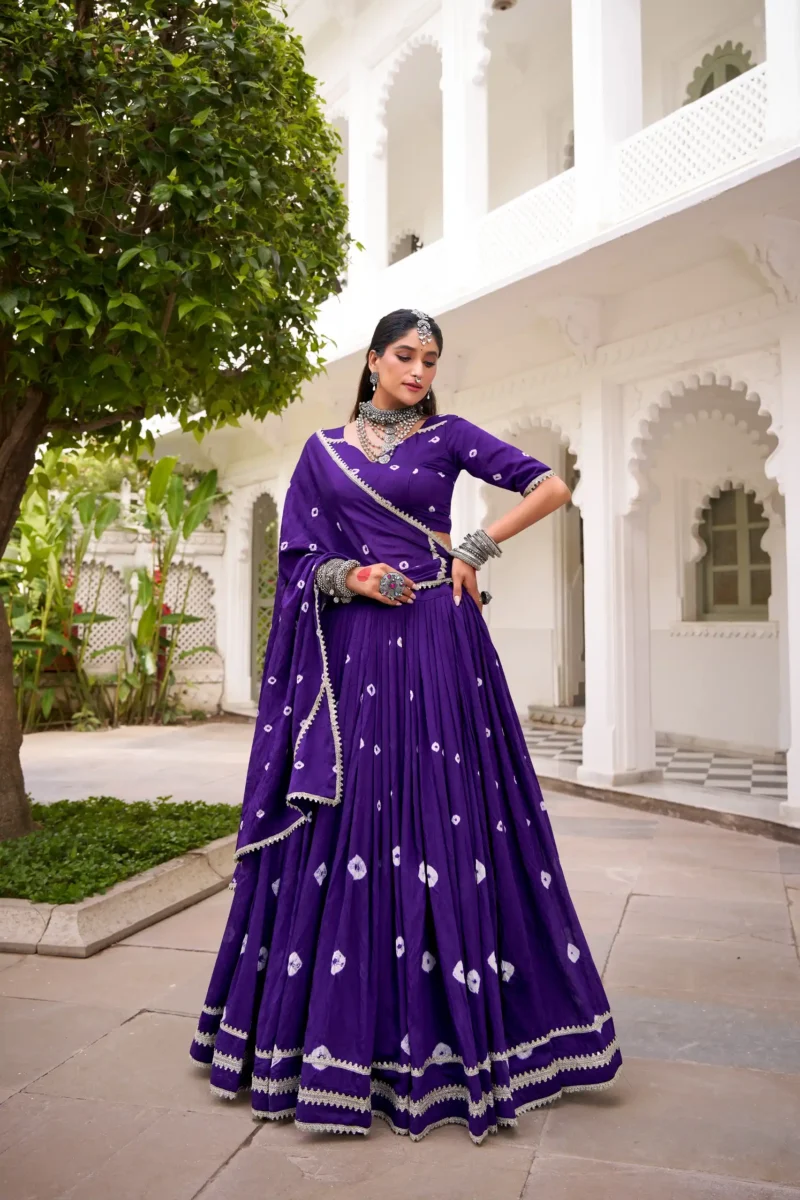 Puple Colour Pure Chanderi Bandhej Navratri Lehenga full front