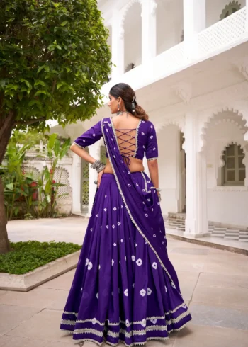 Puple Colour Pure Chanderi Bandhej Navratri Lehenga back view