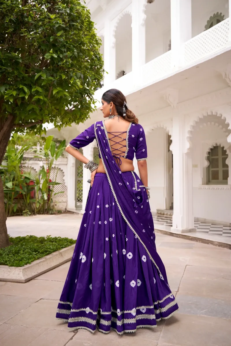 Puple Colour Pure Chanderi Bandhej Navratri Lehenga back view