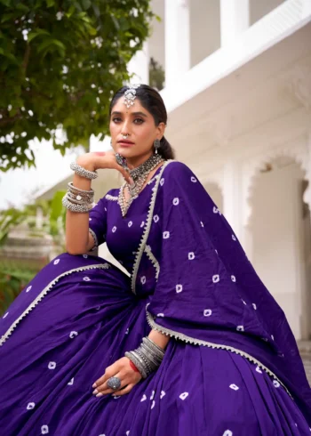 Puple Colour Pure Chanderi Bandhej Navratri Lehenga close look