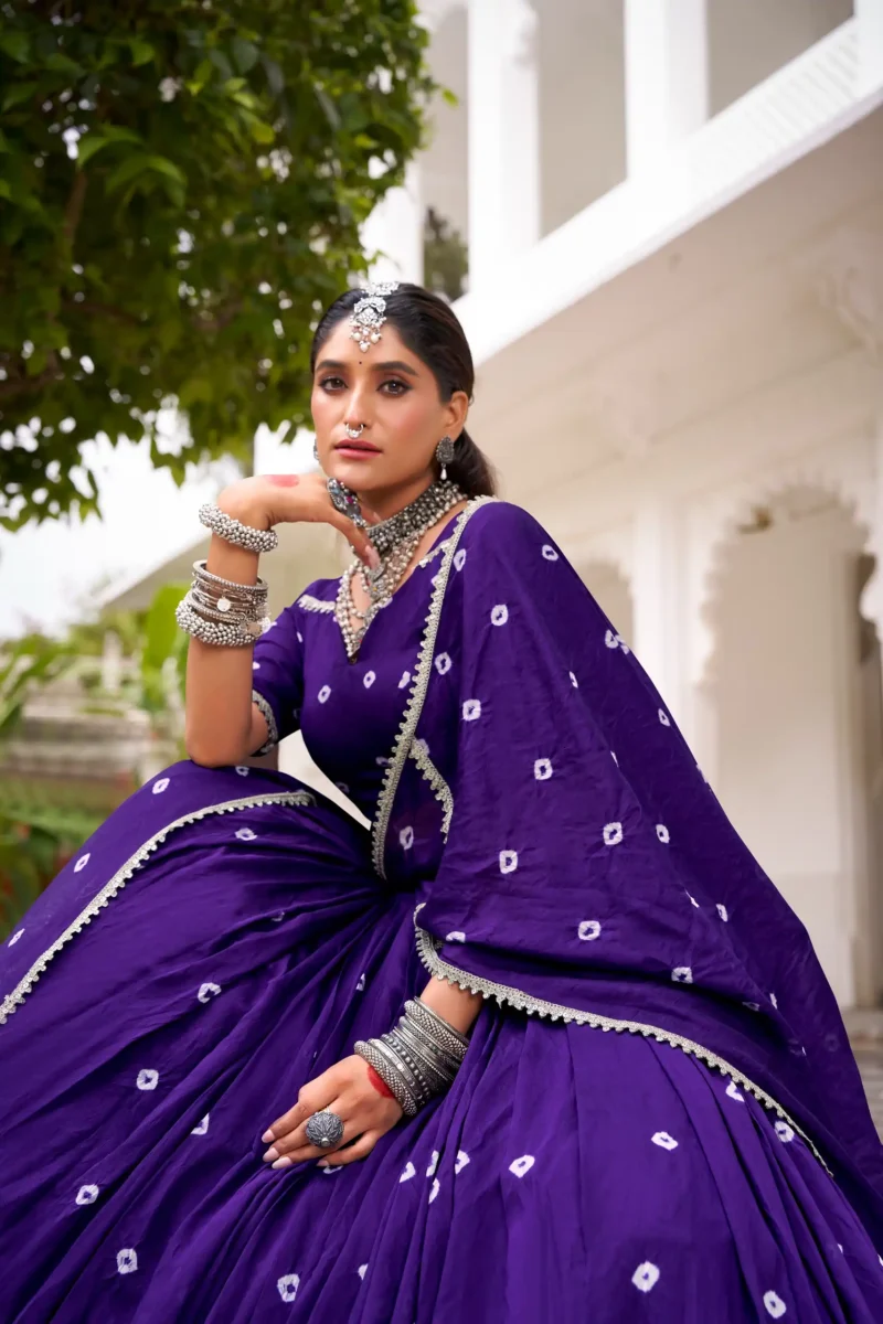 Puple Colour Pure Chanderi Bandhej Navratri Lehenga close look