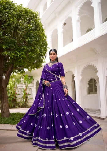 Puple Colour Pure Chanderi Bandhej Navratri Lehenga flair view