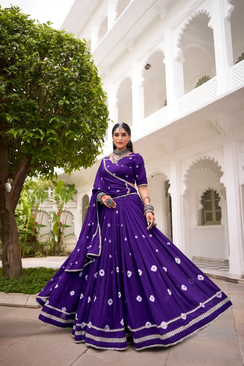 Puple Colour Pure Chanderi Bandhej Navratri Lehenga flair view