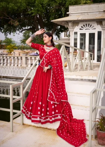 Red Colour Pure Chanderi Bandhej Navratri Lehenga full look