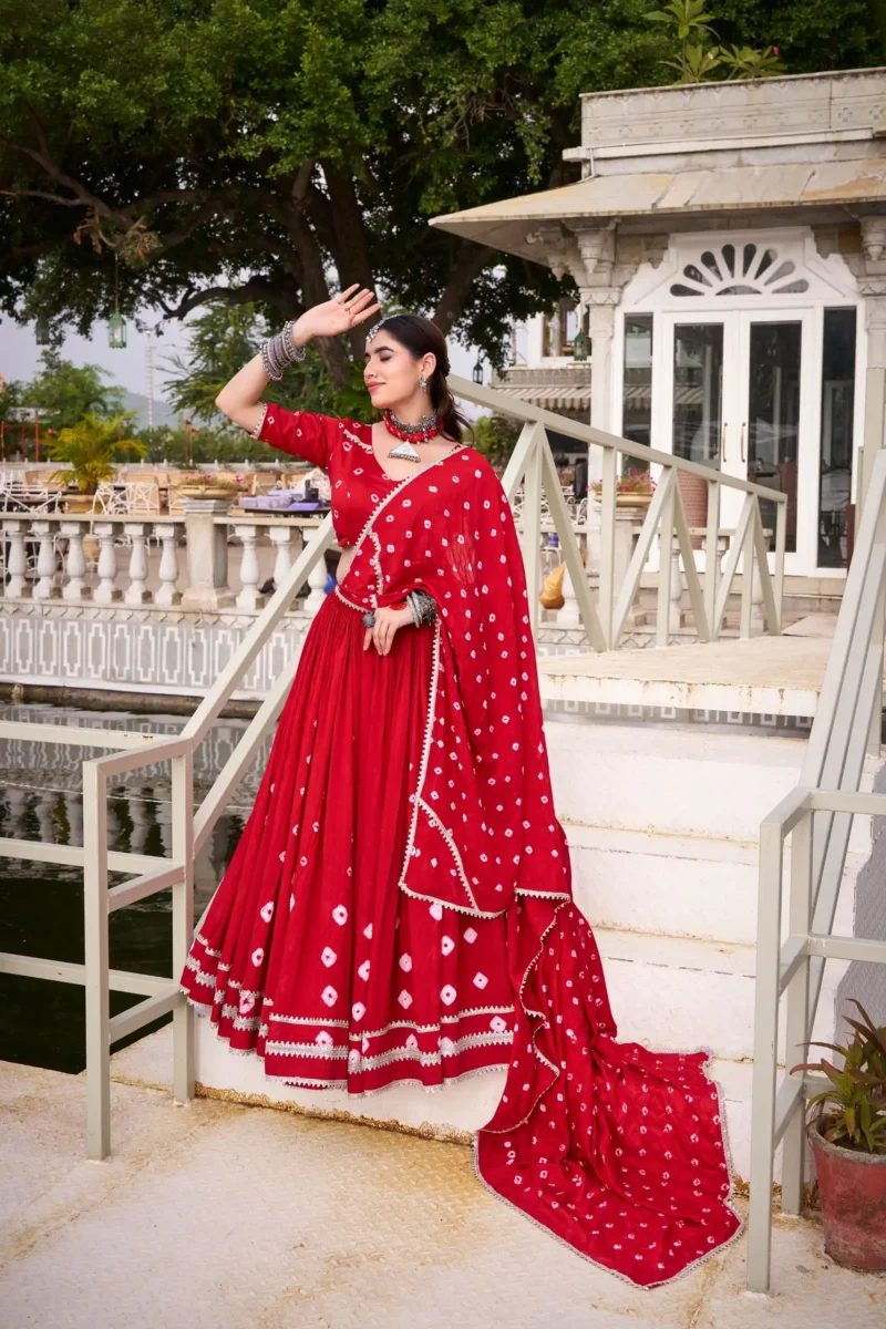 Red Colour Pure Chanderi Bandhej Navratri Lehenga full look