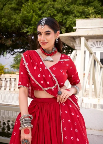 Red Colour Pure Chanderi Bandhej Navratri Lehenga Close
