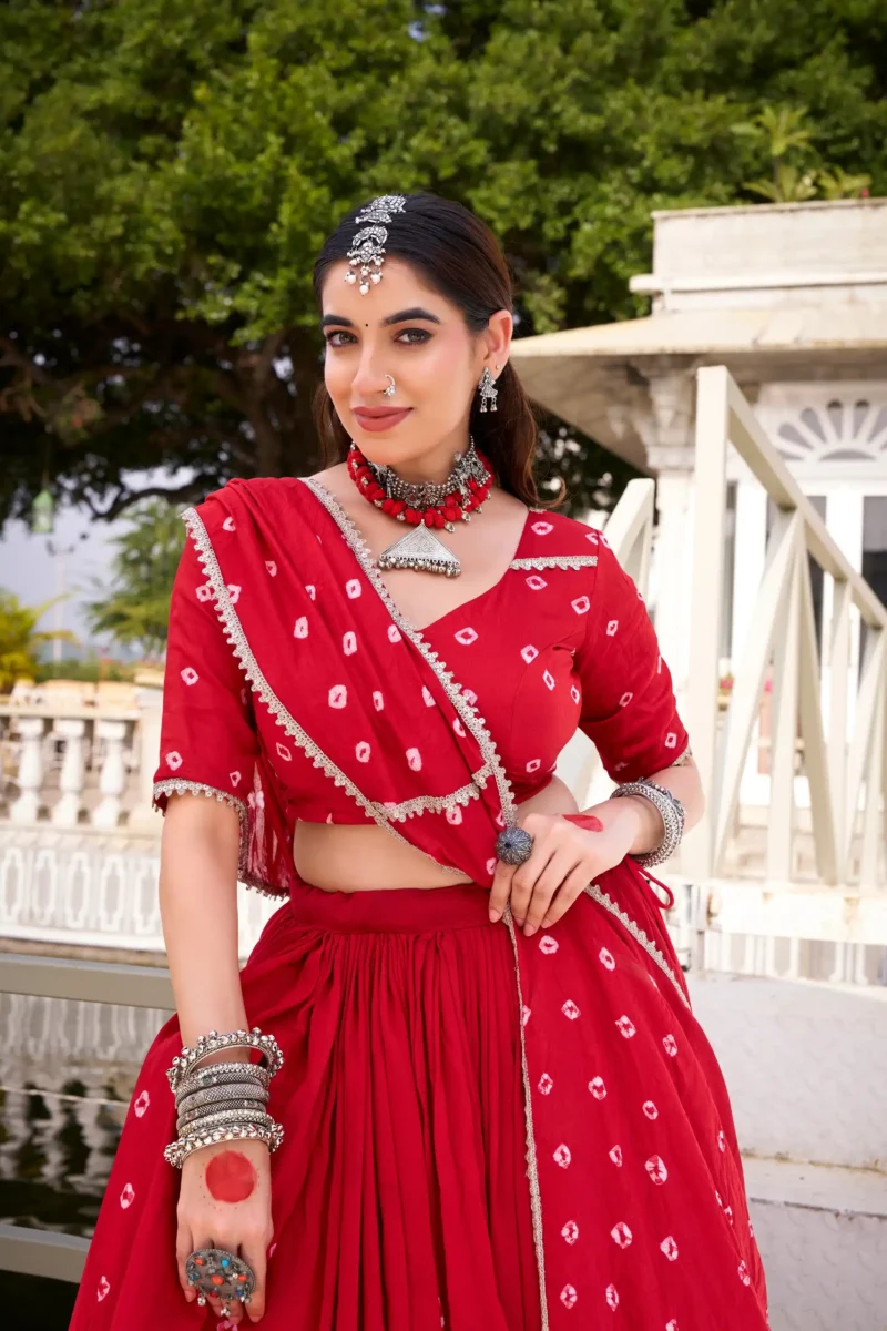 Red Colour Pure Chanderi Bandhej Navratri Lehenga Close