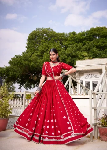 Red Colour Pure Chanderi Bandhej Navratri Lehenga flair