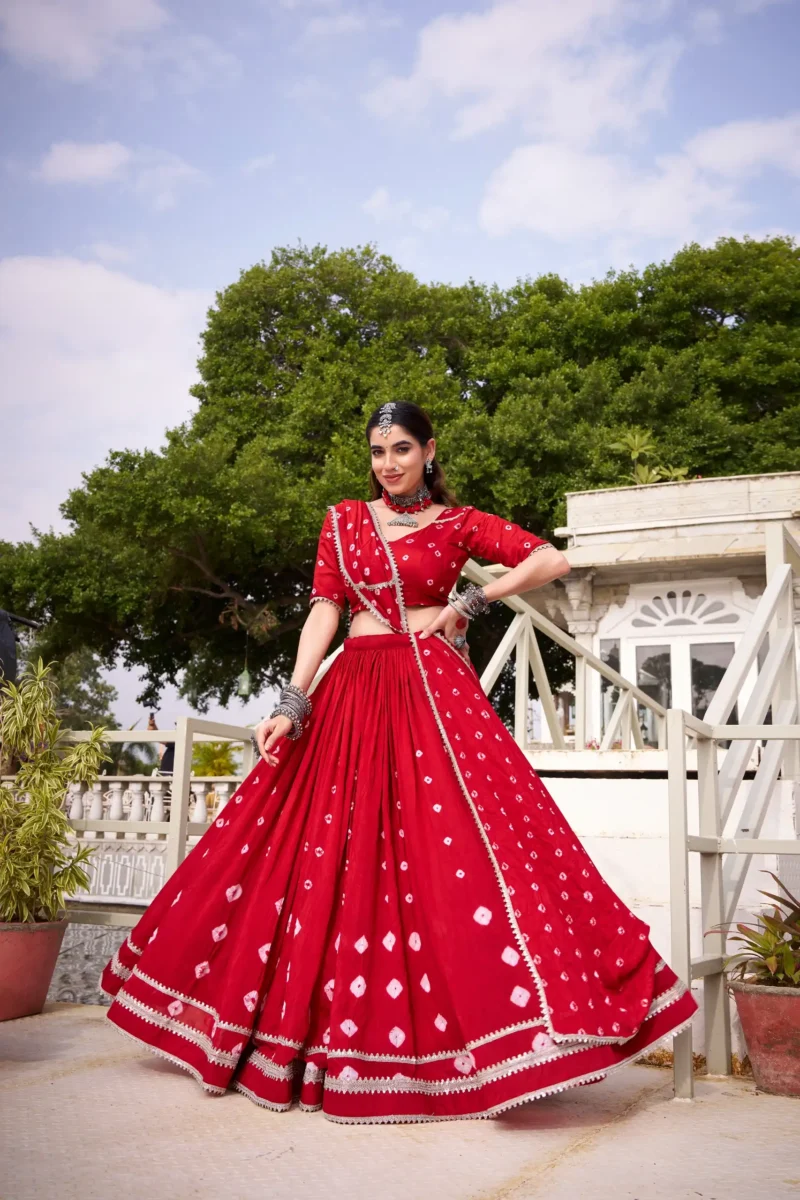 Red Colour Pure Chanderi Bandhej Navratri Lehenga flair