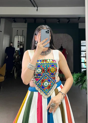 Multi Colour Pure Rayon Co-ord Navratri Lehenga close look