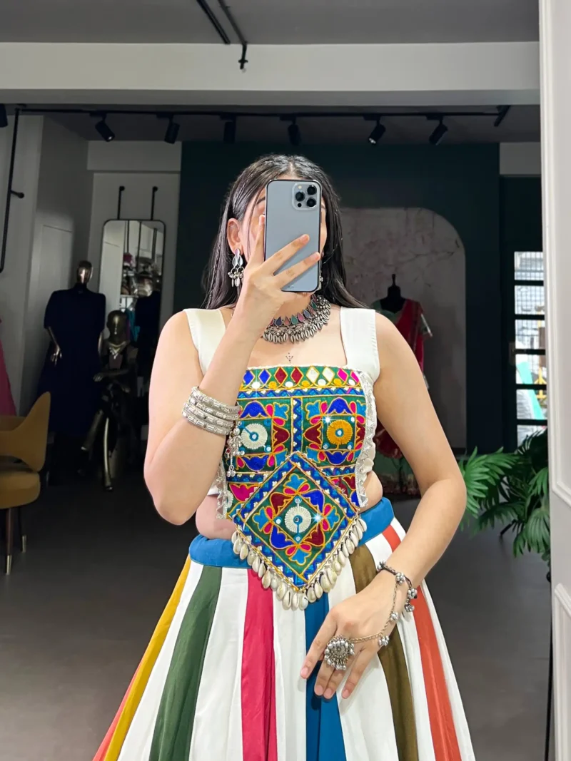 Multi Colour Pure Rayon Co-ord Navratri Lehenga close look