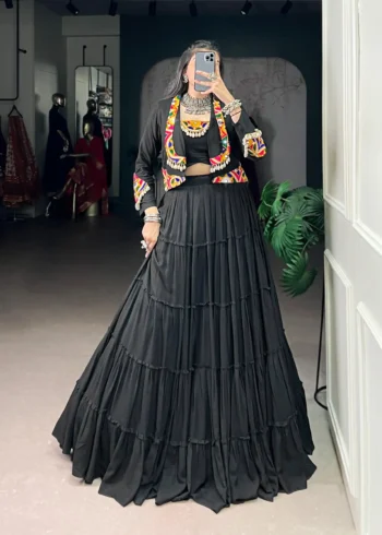 Black Colour Pure Rayon Navratri Lehenga with Mirror Jacket full front