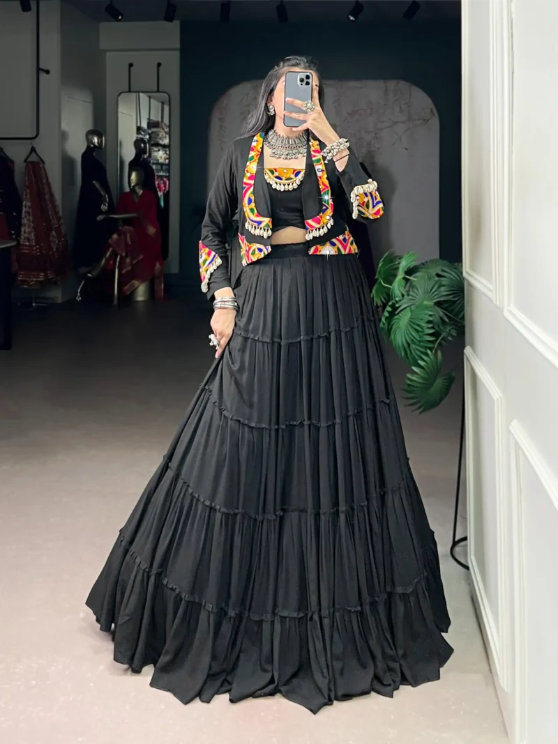Black Colour Pure Rayon Navratri Lehenga with Mirror Jacket full front