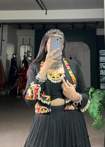Black Colour Pure Rayon Navratri Lehenga with Mirror Jacket close look