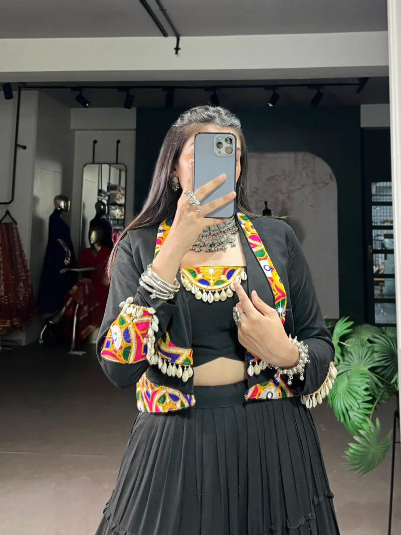 Black Colour Pure Rayon Navratri Lehenga with Mirror Jacket close look