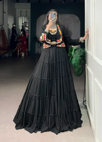 Black Colour Pure Rayon Navratri Lehenga with Mirror Jacket